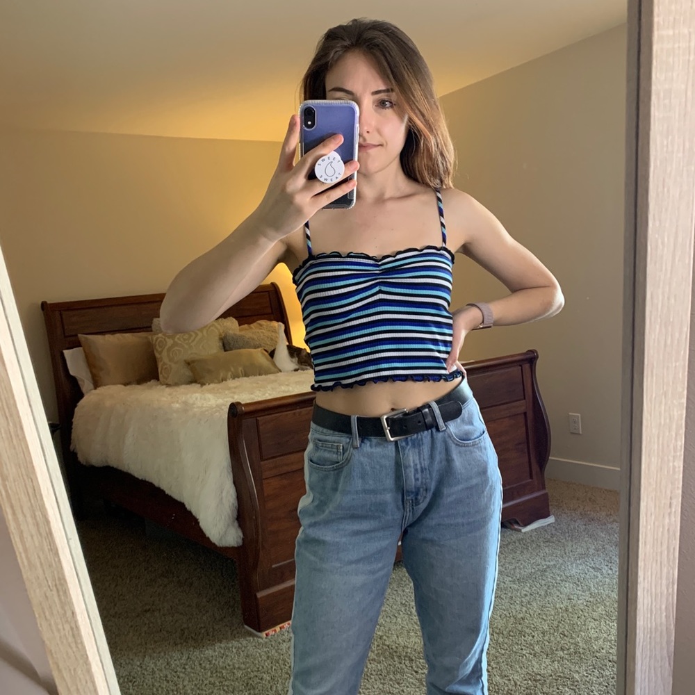 Blue Striped Lettuce-Edge Tank Top